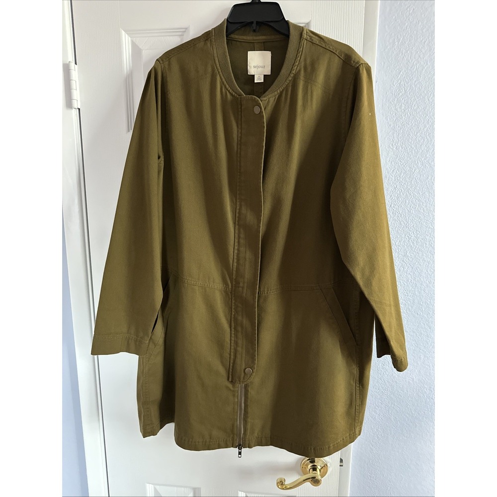 Sejour Long Utility Jacket Green 0X Double Zip Snap Front Plus Size Lightweight